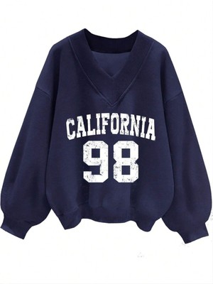 Trendseninle Kadın 3 Iplik Lacivert California 98 Baskılı V Yaka Oversize Sweatshirt