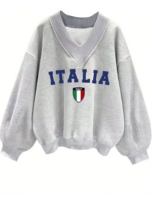 Trendseninle Kadın 3 Iplik Gri Italia Baskılı V Yaka Oversize Sweatshirt