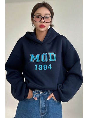 Trendseninle Kadın Lacivert Mod 1984 Baskılı Oversize Kapüşonlu Sweatshirt Hoodie