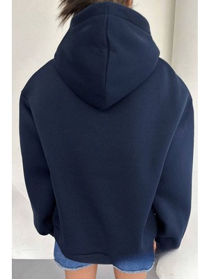 Trendseninle Kadın Lacivert Mod 1984 Baskılı Oversize Kapüşonlu Sweatshirt Hoodie