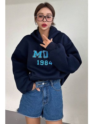 Trendseninle Kadın Lacivert Mod 1984 Baskılı Oversize Kapüşonlu Sweatshirt Hoodie