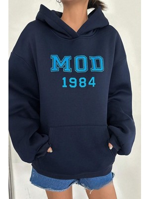 Trendseninle Kadın Lacivert Mod 1984 Baskılı Oversize Kapüşonlu Sweatshirt Hoodie