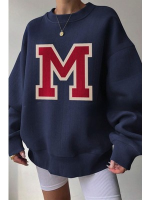 Trendseninle Kadın Navy Blue M Logo Baskılı Oversize Bisiklet Yaka Sweatshirt