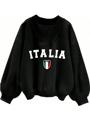 Trendseninle Kadın 3 Iplik Siyah Italia Baskılı V Yaka Oversize Sweatshirt