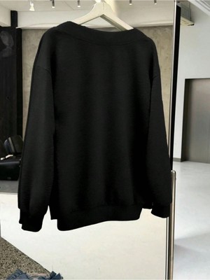 Trendseninle Kadın 3 Iplik Siyah Italia Baskılı V Yaka Oversize Sweatshirt