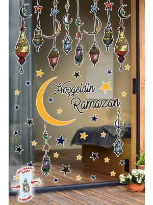 Msticker Çift Taraflı Baskılı Cam Için Sarkıtlı Fenerli Ramazan Ayı Temalı Cam Duvar Süsleri Hoşgeldin Ramazan Sticker Seti