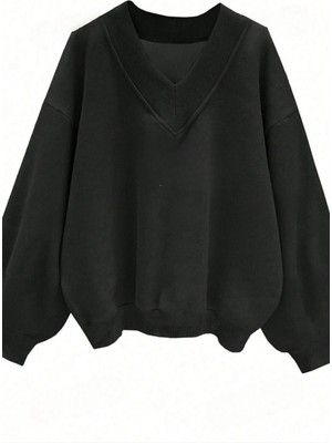 Trendseninle Kadın Siyah Düz V Yaka Oversize Sweatshirt