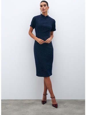 Dik Yaka Tüvit Elbise - Lacivert