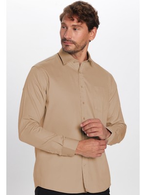 Tudors Erkek Regular Fit Klasik Kesim %100 Pamuk Saten Tek Cepli krem Gömlek