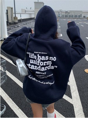 Trendseninle Kadın Lacivert Oversize Life Has Baskılı Kapüşonlu Sweatshirt Hoodie