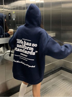 Trendseninle Kadın Lacivert Oversize Life Has Baskılı Kapüşonlu Sweatshirt Hoodie