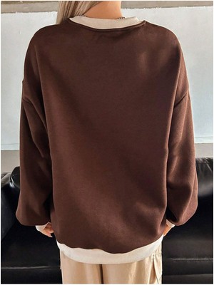 Trendseninle Kadın Kahverengi California Baskılı Bisiklet Yaka Bej Yaka Detay Oversize Sweatshirt