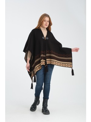 Vega Moda Etnik Desenli Panço, Balıkçı Dikişli Düğme Detaylı Panço, Dış Giyim Panço, Triko Örğü Şık Panço