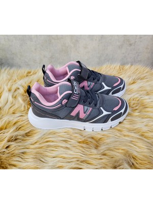 Çocuk Unisex Gri Pembe Rahat Kalıp Nefes Alabilen Kumaş Bağcıklı Spor Ayakkabı