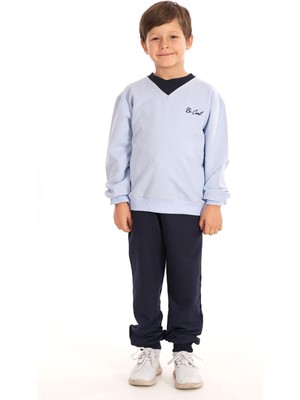 Zepkids Bisiklet Yaka Uzun Kol Yaka Renk Detaylı Bel Lastikli Bebek Mavisi Renk Erkek Çocuk Ikili Takım