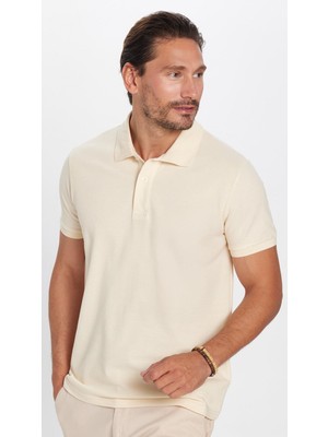 Tudors Erkek Slim Fit Dar Kesim  Pamuk Bej Polo Yaka Tişört
