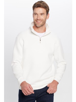 Tudors  Relax Fit Rahat Kesim Pamuklu Içi Polarlı Yarım Fermuarlı Beyaz Dik Yaka Sweatshirt