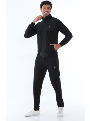 Erkek Iki Iplik Slim Fit Dar Paça Siyah Fermuarlı Eşofman Takımı - 7664