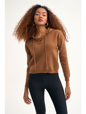 Sateen Kapüşonlu Triko Kazak - Kahve