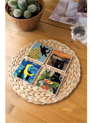 Atölye Sanat ve Kedi Temalı Bardak Altlığı 4’lü Set Doğal Taş (10X10 Cm)
