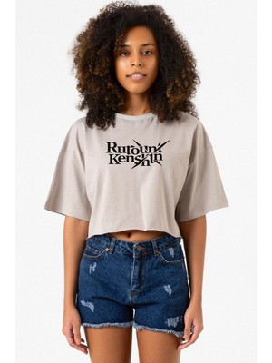 Rurouni Kenshin Letter Logo Taş Rengi Kadın Crop Kapşonlu