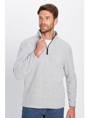 Erkek Standart Fit Rahat Kesim Tüylenme Yapmayan Soğuk Geçirmez Melanj Gri Dik Yaka Polar Sweatshirt