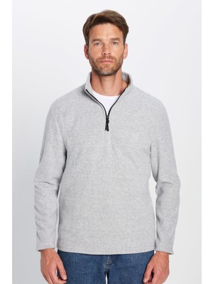 Erkek Standart Fit Rahat Kesim Tüylenme Yapmayan Soğuk Geçirmez Melanj Gri Dik Yaka Polar Sweatshirt