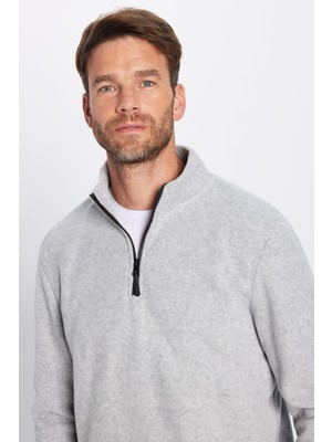 Erkek Standart Fit Rahat Kesim Tüylenme Yapmayan Soğuk Geçirmez Melanj Gri Dik Yaka Polar Sweatshirt