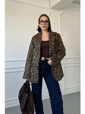 Magarde Kruvaze Kaşe Leopar Ceket- Siyah