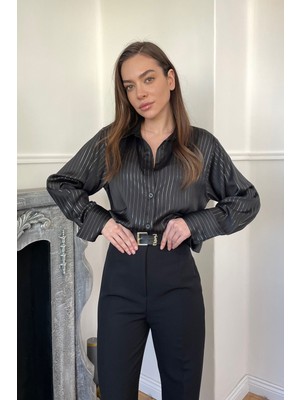 Magarde Zra Çizgili Saten Gömlek- Siyah