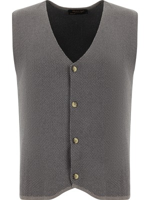 Kiğılı V Yaka Pamuklu Kaşmirli Triko Yelek Erkek Orta Gri Melanj Şık Tasarım