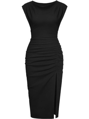 Kadın Abiye Elbise Yırtmaç ve Büzgü Detaylı Düğün Nişan Kına Gece Mezuniyet Şık Elbise Kol Detaylı