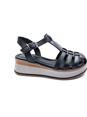 Bulldozer B251773 Deri Dolgu Taban Kadın Siyah Burnu Kapalı Konfor Sandalet