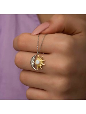 925 Ayar Gümüş Opal Beyaz Taşlı Ay Güneş Kadın Kolye