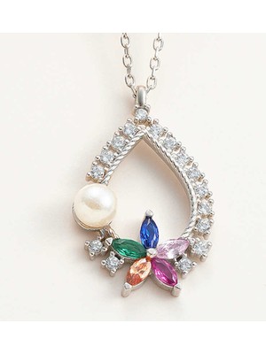 HS Demirci 925 Ayar Gümüş Renkli Taşlı Çiçekli Kadın Kolye