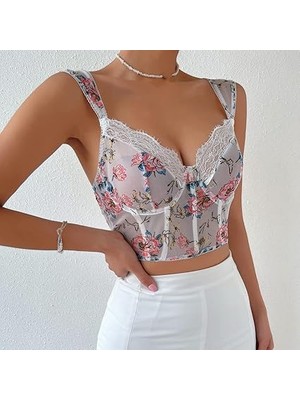 Akasha Design Çiçek Desenli Ekru Bustiyer Takım