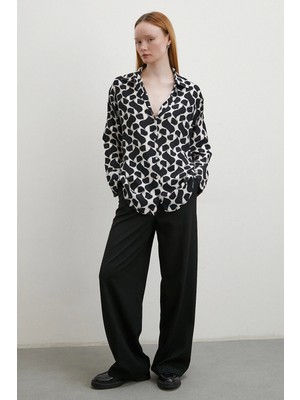 Never More Kontrast Desenli Maroken Viskon Gömlek Siyah