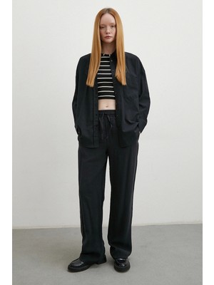 Never More Keten Karışımlı Oversize Gömlek Siyah