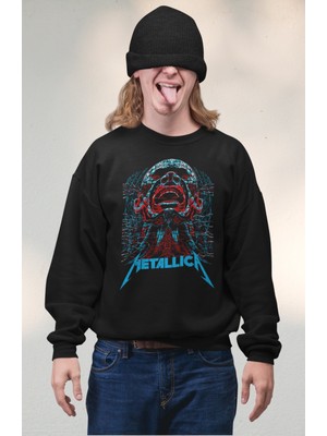 Fuddy Moda  Metallica Mavi Yazılı Kapüşonsuz Sweatshirt, Oversize Rock Band Baskılı Sweat