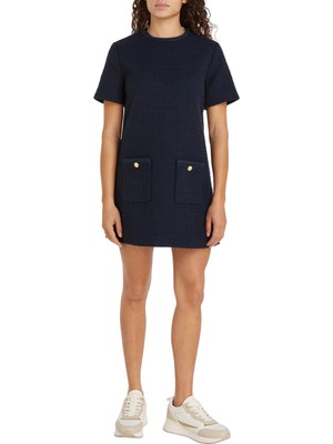 Tommy Hilfiger Yuvarlak Yaka Düz Lacivert Kısa Kadın Elbise Tweed Short Shıft Dress