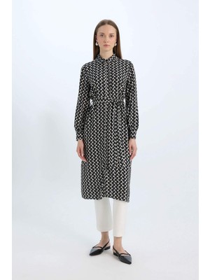 DeFacto Regular Fit Desenli Kuşaklı Uzun Kollu Gömlek Tunik D1297AX25SP