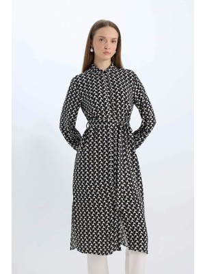 DeFacto Regular Fit Desenli Kuşaklı Uzun Kollu Gömlek Tunik D1297AX25SP