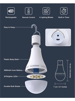 Uzaktan Kumandalı USB Şarj Edilebilir Ampul, Ev Elektrik Kesintisi Için, Kancalı Askılı LED Ampul, Dış Mekan Için 2'li Paket (Yurt Dışından)