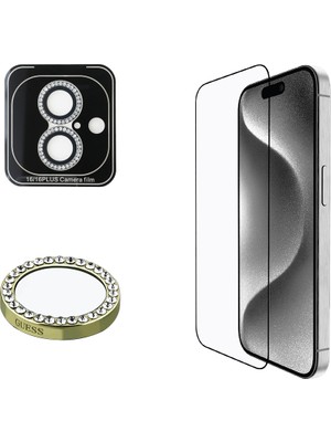 Guess Apple iPhone 16 Plus Guess Lisanslı Ekran ve Rhinestone Taşlı Lens Koruyucu 2'li Aksesuar Seti Gold