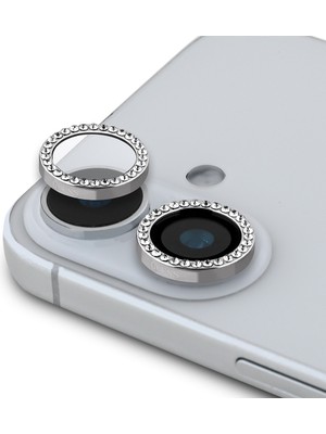 Guess Apple iPhone 16 Guess Lisanslı Rhinestone Taşlı Kamera Lens Koruyucu Gümüş