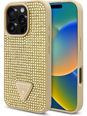 Guess Apple iPhone 16 Pro Kılıf Guess Orjinal Lisanslı Üçgen Logolu Taşlı Kapak Gold
