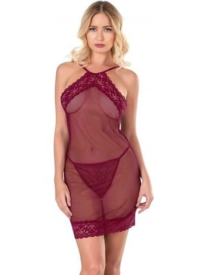 Aria's Closet Bordo Kısa File-Tül Gecelik 8132