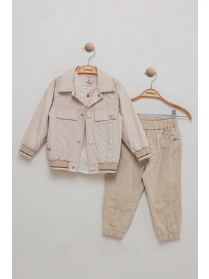 Ceket Pantolon Bluz Kombinli Müslin Kumaş Beli Lastikli 3'lü Erkek Çocuk Takım