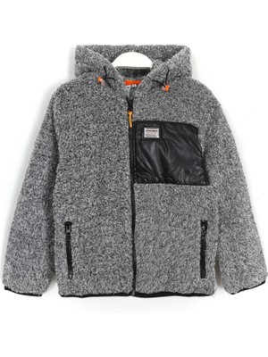 Fermuarlı Cep Detaylı Kapüşonlu Erkek Çocuk Peluş Ceket Gri 001-0001968