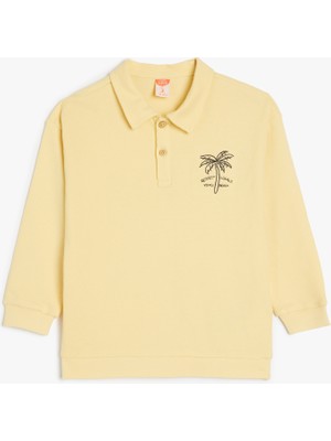Koton Pamuklu Palmiye Işleme Detaylı Uzun Kollu Polo Yaka Sweatshirt